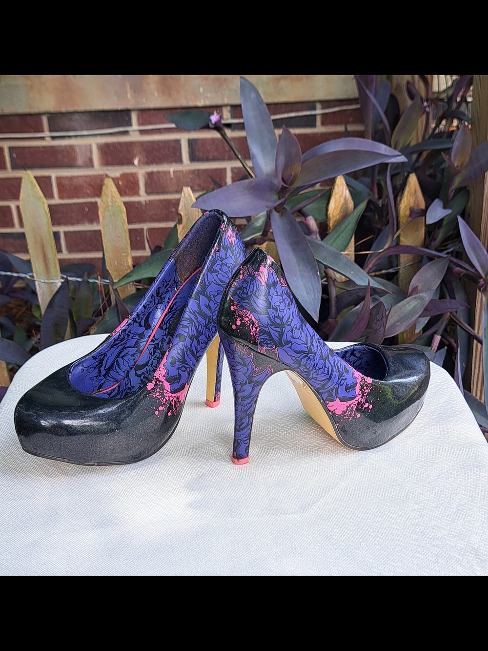 Iron Fist Black Heels with Purple Floral and Pink Accent
